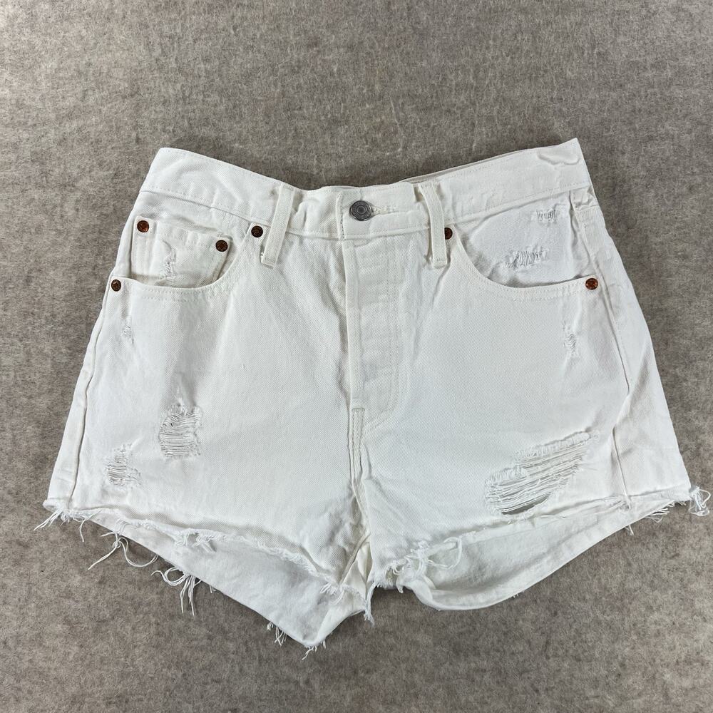 Levi's 501 Women's High Rise White Denim Cut Off Button Fly Shorts Size 28
